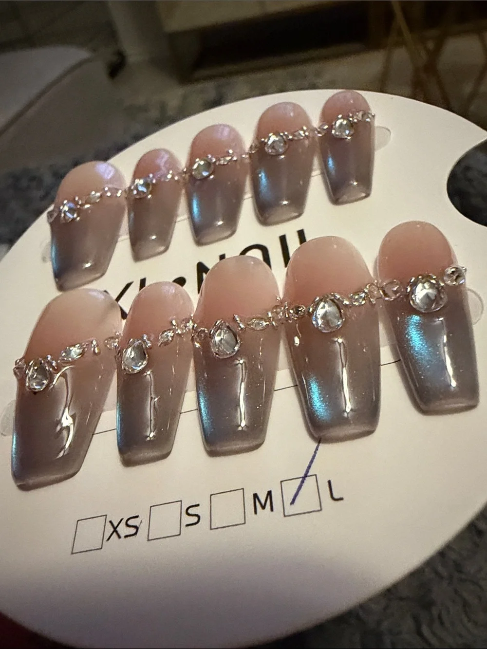 Handmade acrylic Press-On Nail Set with Iridescent Blue Ombre and Rhinestones